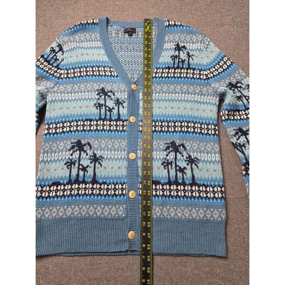 J.Crew Palm Tree Fair Isle Cardigan Sweater Mens Medium Blue Linen Blend Knit